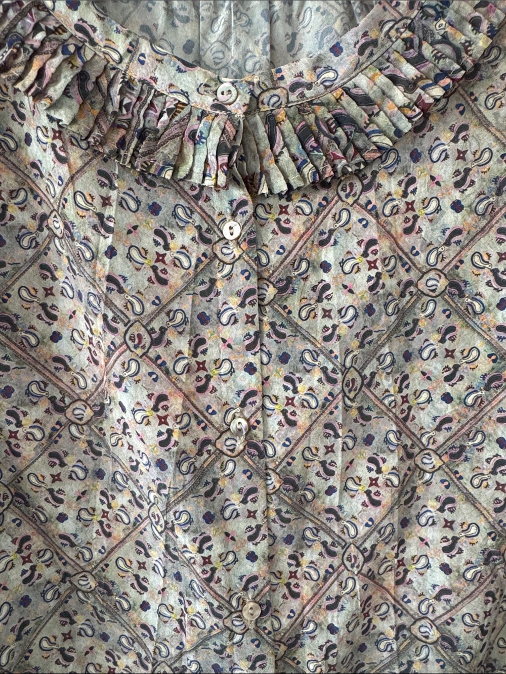 Sage Green Patterned Button-Front Ruffle-Neck Blouse - Picture 3 of 5